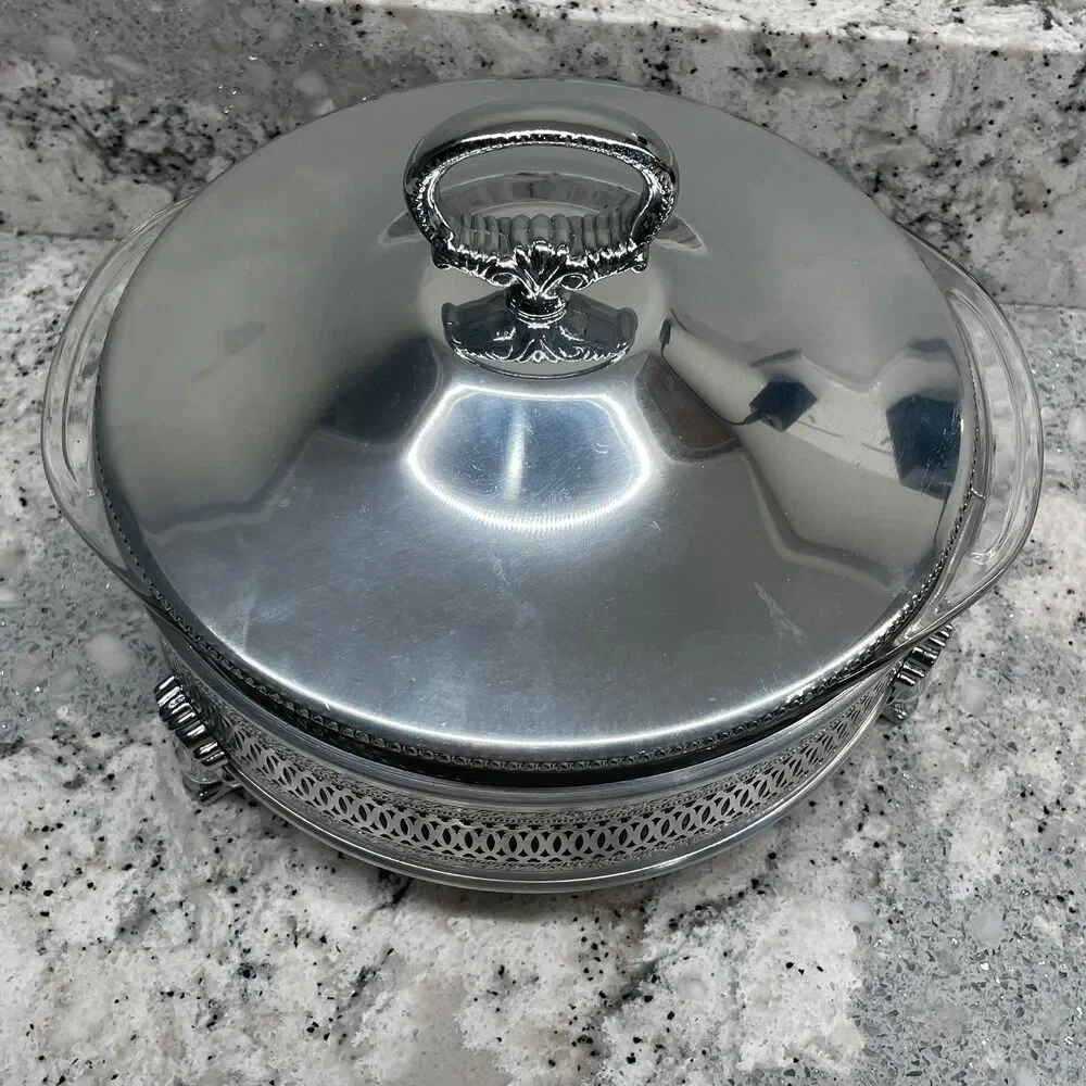 Vintage Pyrex Casserole Bowl & Serving Dish w/ Silver Tone Lid & Serving Stand